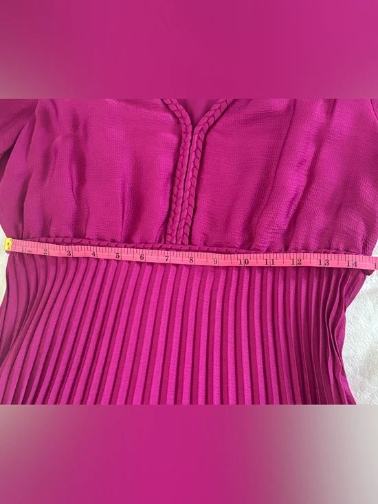 Sezane Pleated V-Neck Midi Dress in Magenta - Picture 16 of 16